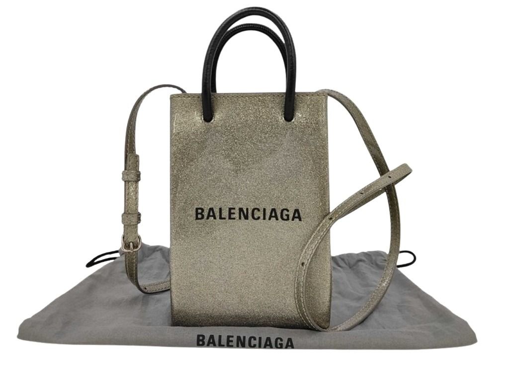BALENCIAGA バレンシアガ ショルダーバッグ ショッピング フォンホルダー 593826 ゴールド系 ブラック コーティングレザー レディース スマホショルダー 美品