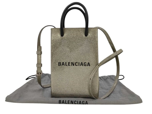 BALENCIAGA バレンシアガ ショルダーバッグ ショッピング フォンホルダー 593826 ゴールド系 ブラック コーティングレザー レディース スマホショルダー 美品