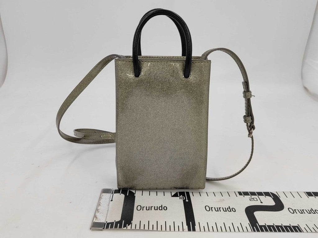 BALENCIAGA バレンシアガ ショルダーバッグ ショッピング フォンホルダー 593826 ゴールド系 ブラック コーティングレザー レディース スマホショルダー 美品