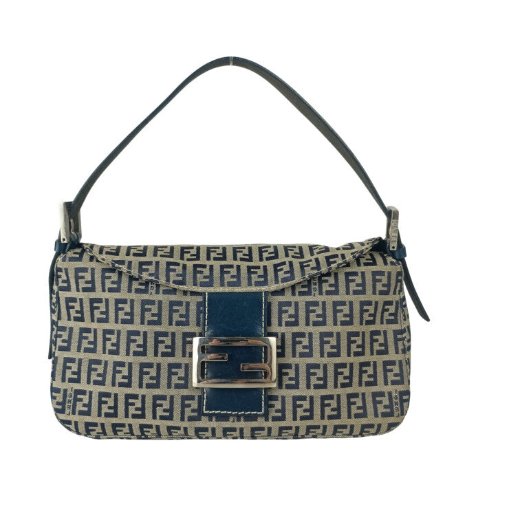 FENDI フェンディ ハンドバッグ ズッカ マンマバケット 2321 26725 グレー系 ネイビー系 キャンバス レザー レディース ショルダーバッグ シルバー金具 美品