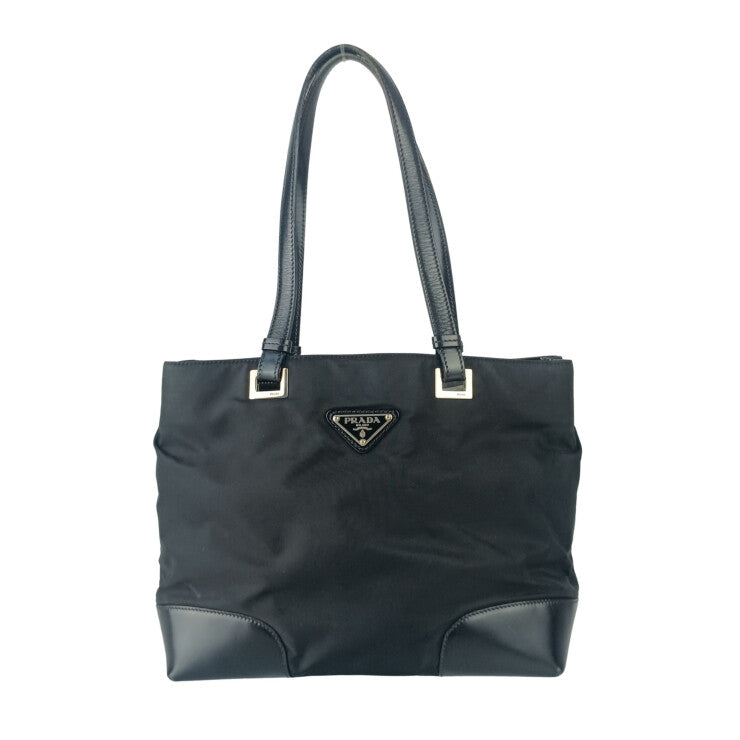 PRADA プラダ ハンドバッグ テスート トート ブラック系 ナイロン レザー レディース 三角ロゴプレート シルバー金具 美品