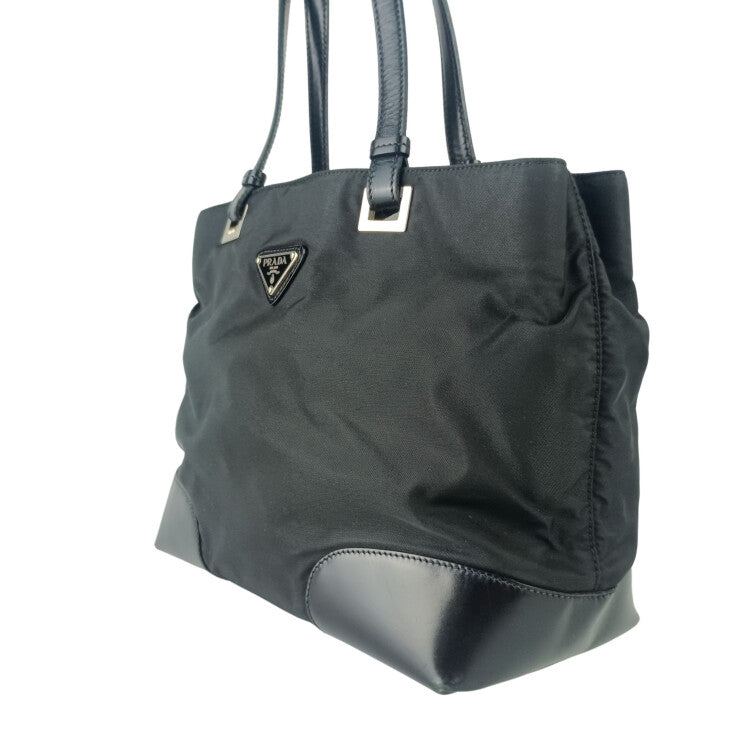 PRADA プラダ ハンドバッグ テスート トート ブラック系 ナイロン レザー レディース 三角ロゴプレート シルバー金具 美品