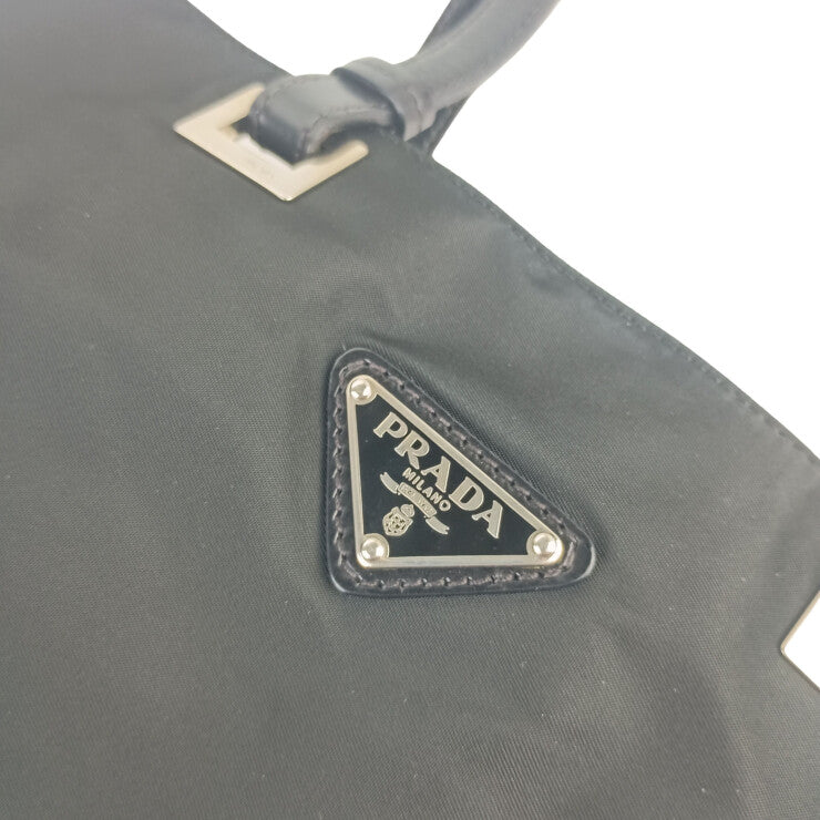 PRADA プラダ ハンドバッグ テスート トート ブラック系 ナイロン レザー レディース 三角ロゴプレート シルバー金具 美品