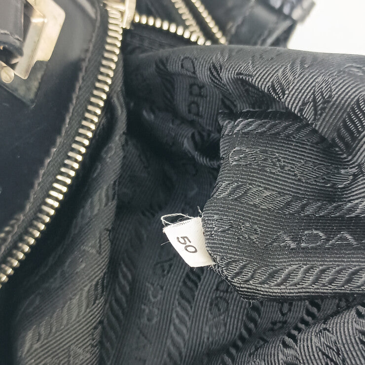 PRADA プラダ ハンドバッグ テスート トート ブラック系 ナイロン レザー レディース 三角ロゴプレート シルバー金具 美品