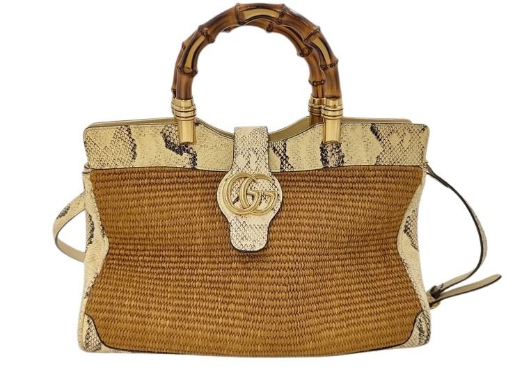 GUCCI グッチ ハンドバッグ バンブー 655657 ベージュ系 ブラウン パイソン レザー ストロー レディース 2WAY ショルダーバッグ 日本限定 ゴールド金具 美品