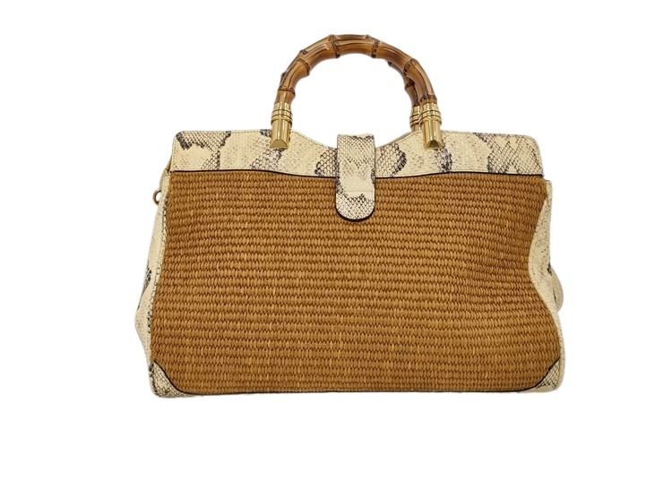 GUCCI グッチ ハンドバッグ バンブー 655657 ベージュ系 ブラウン パイソン レザー ストロー レディース 2WAY ショルダーバッグ 日本限定 ゴールド金具 美品
