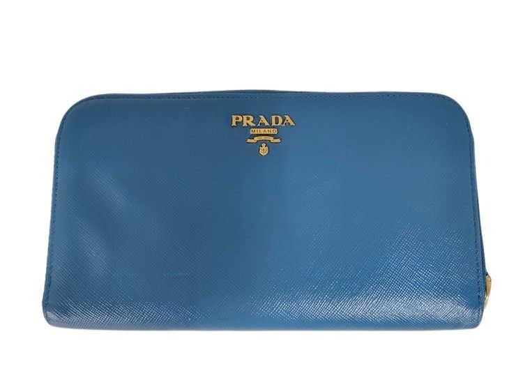 PRADA プラダ 長財布 1M0506 ブルー系 サフィアーノレザー ユニセックス ラウンドファスナー ゴールド金具 美品