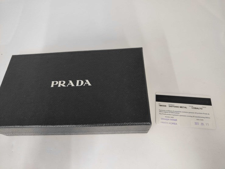 PRADA プラダ 長財布 1M0506 ブルー系 サフィアーノレザー ユニセックス ラウンドファスナー ゴールド金具 美品
