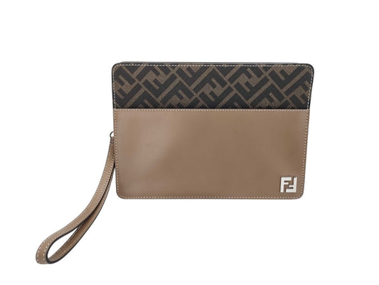 FENDI フェンディ クラッチバッグ ズッカ 7N0145 ブラウン PVC レザー メンズ シルバー金具 美品