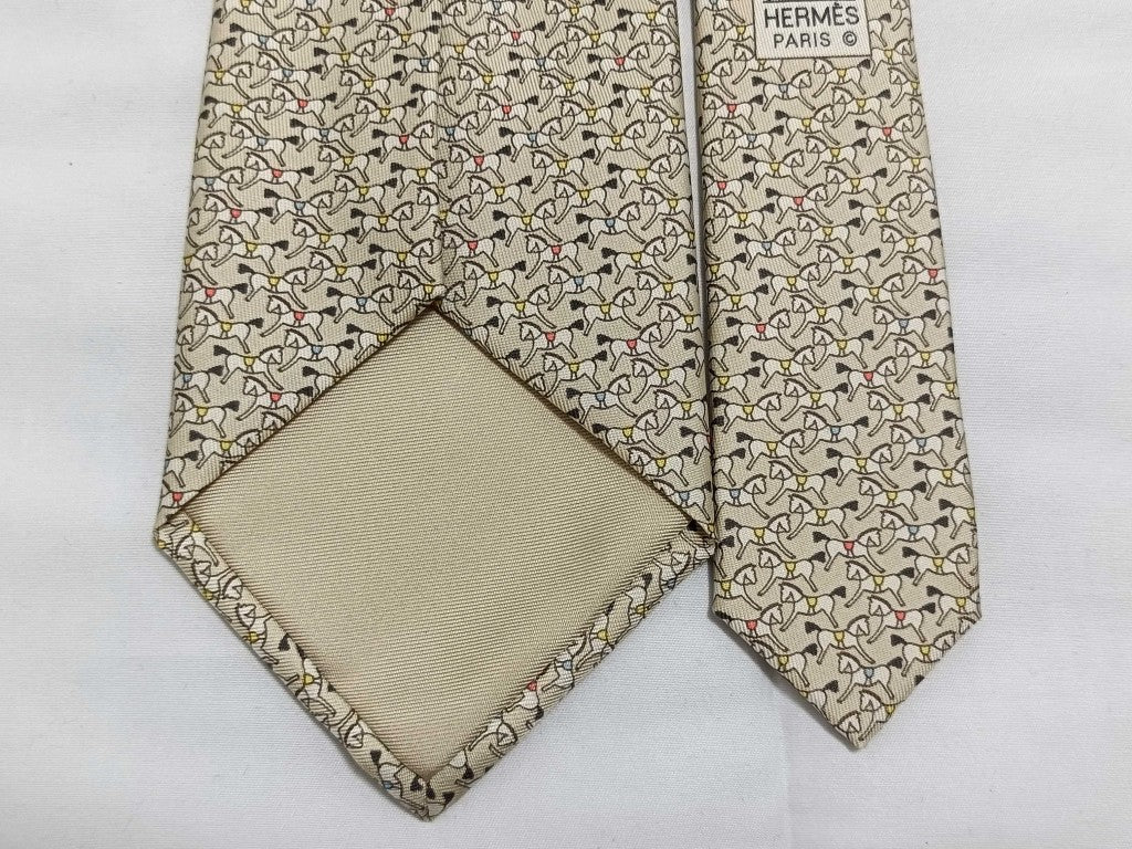 HERMES エルメス ネクタイ ベージュ シルク100％ メンズ 馬柄 新品未使用展示品
