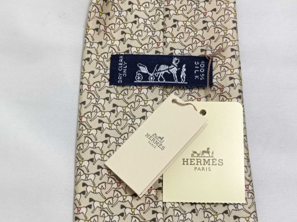 HERMES エルメス ネクタイ ベージュ シルク100％ メンズ 馬柄 新品未使用展示品