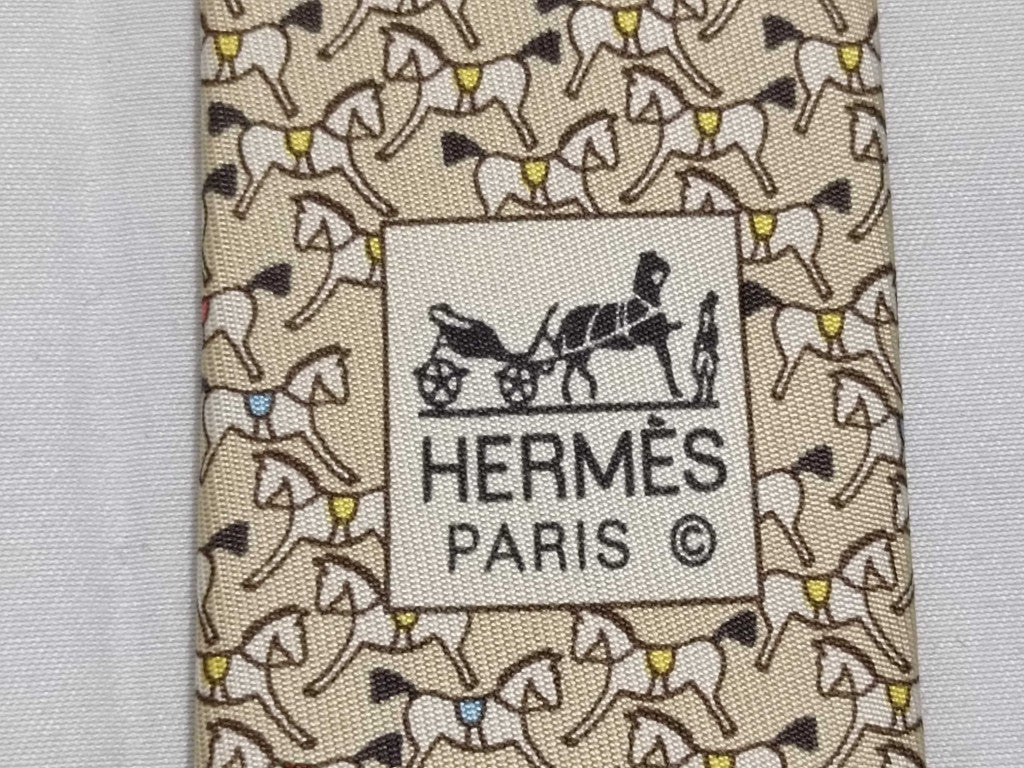 HERMES エルメス ネクタイ ベージュ シルク100％ メンズ 馬柄 新品未使用展示品