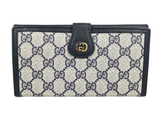 GUCCI グッチ 長財布 GGスプリーム インターロッキングＧ 035 381 0294 ベージュ ネイビー PVC レザー レディース オールドグッチ Wホック 二つ折り財布 美品