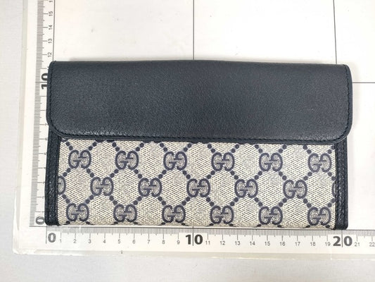 GUCCI グッチ 長財布 GGスプリーム インターロッキングＧ 035 381 0294 ベージュ ネイビー PVC レザー レディース オールドグッチ Wホック 二つ折り財布 美品