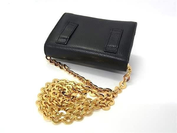 SALVATORE FERRAGAMO フェラガモ ショルダーバッグ ヴァラリボン 213202 ブラック系 リザード型押しレザー レディース チェーン ゴールド金具 美品