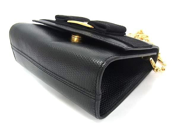 SALVATORE FERRAGAMO フェラガモ ショルダーバッグ ヴァラリボン 213202 ブラック系 リザード型押しレザー レディース チェーン ゴールド金具 美品