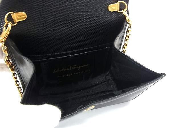 SALVATORE FERRAGAMO フェラガモ ショルダーバッグ ヴァラリボン 213202 ブラック系 リザード型押しレザー レディース チェーン ゴールド金具 美品