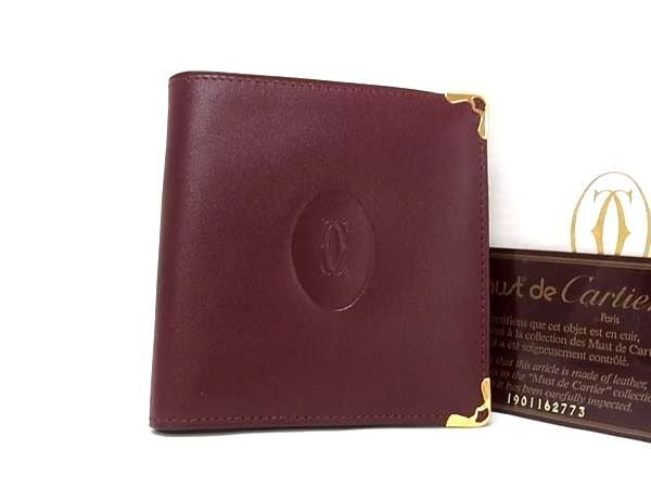 Cartier カルティエ 二つ折り財布 マストライン 73184192 ボルドー系 カーフレザー ユニセックス ゴールド金具 超美品