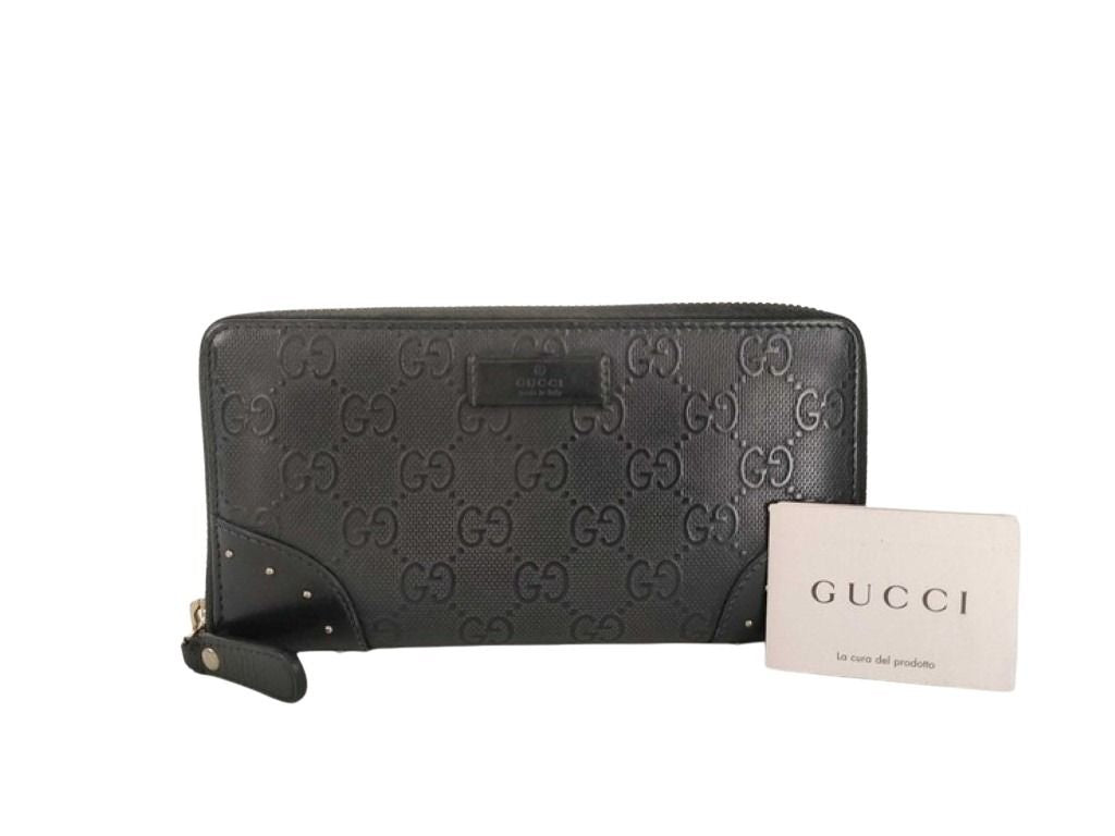 GUCCI グッチ 長財布 ディアマンテ 354487 ブラック系 PVC レザー メンズ GG柄 エンボス スタッズ ラウンドファスナー ゴールド金具 美品