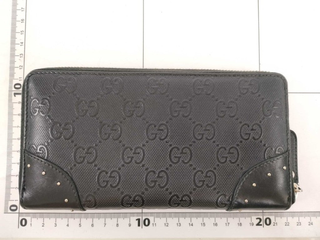 GUCCI グッチ 長財布 ディアマンテ 354487 ブラック系 PVC レザー メンズ GG柄 エンボス スタッズ ラウンドファスナー ゴールド金具 美品