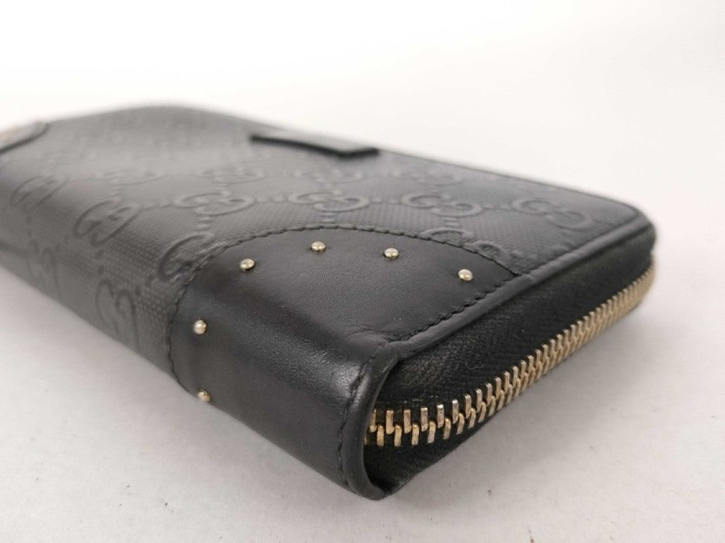 GUCCI グッチ 長財布 ディアマンテ 354487 ブラック系 PVC レザー メンズ GG柄 エンボス スタッズ ラウンドファスナー ゴールド金具 美品