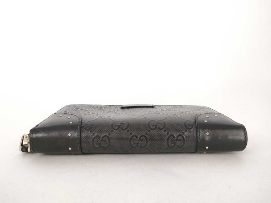 GUCCI グッチ 長財布 ディアマンテ 354487 ブラック系 PVC レザー メンズ GG柄 エンボス スタッズ ラウンドファスナー ゴールド金具 美品