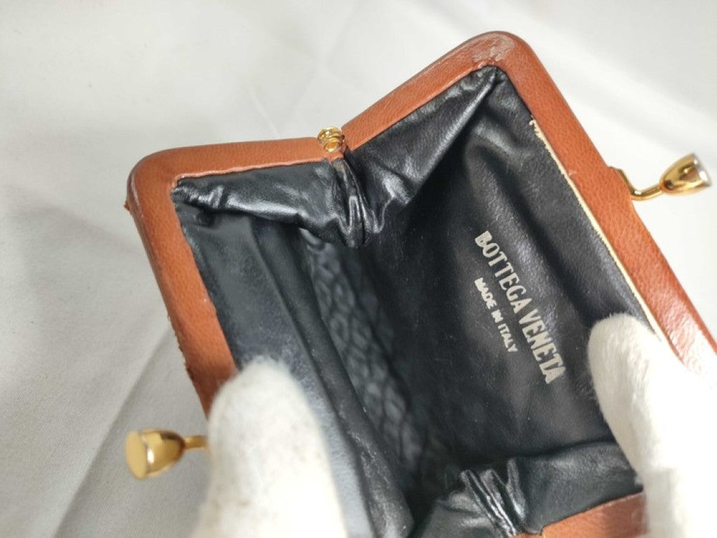BOTTEGA VENETA ボッテガヴェネタ コインケース イントレチャート ブラウン系 レザー レディース がま口 ゴールド金具
