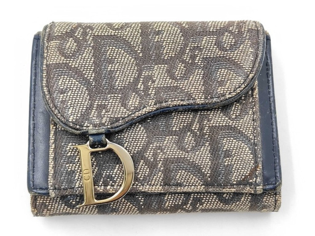 ChristianDior クリスチャンディオール 3つ折り財布 トロッター サドル ロータスウォレット ネイビー系 キャンバス レザー レディース ゴールド金具