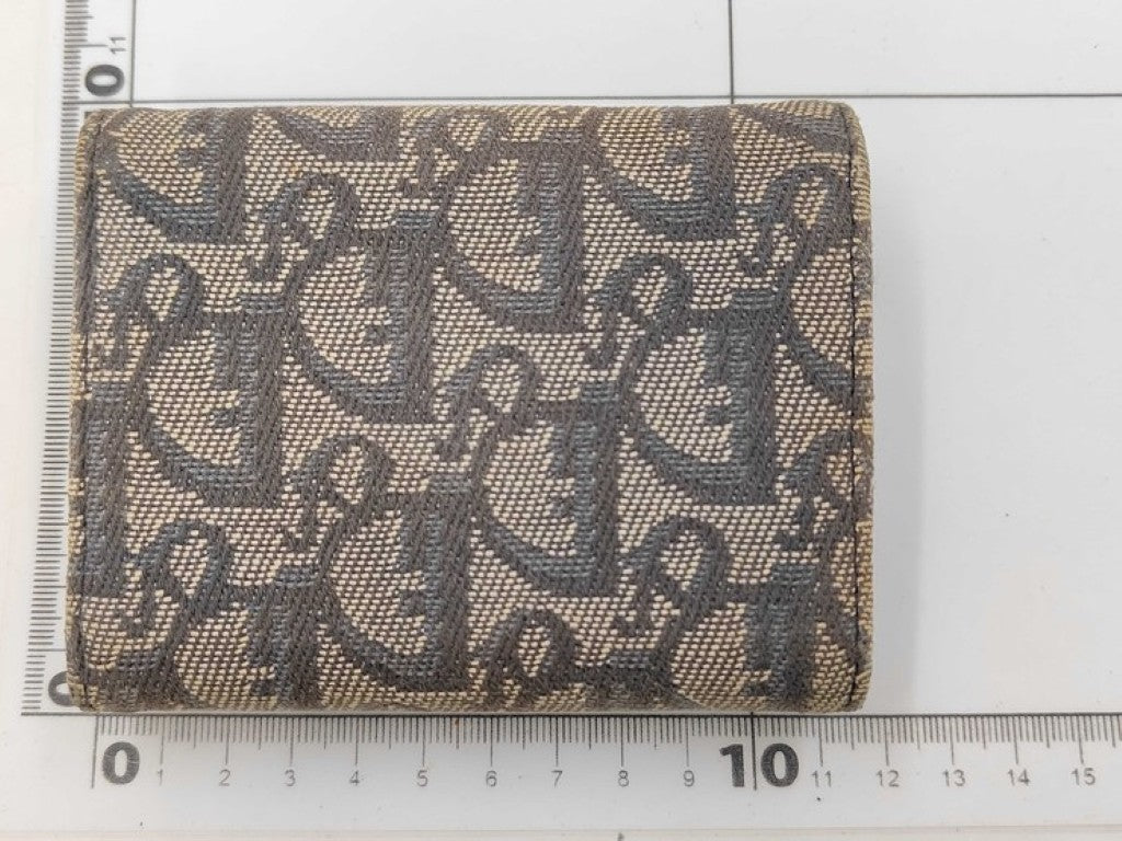 ChristianDior クリスチャンディオール 3つ折り財布 トロッター サドル ロータスウォレット ネイビー系 キャンバス レザー レディース ゴールド金具