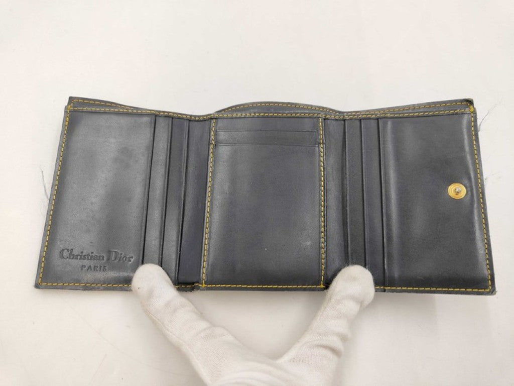 ChristianDior クリスチャンディオール 3つ折り財布 トロッター サドル ロータスウォレット ネイビー系 キャンバス レザー レディース ゴールド金具