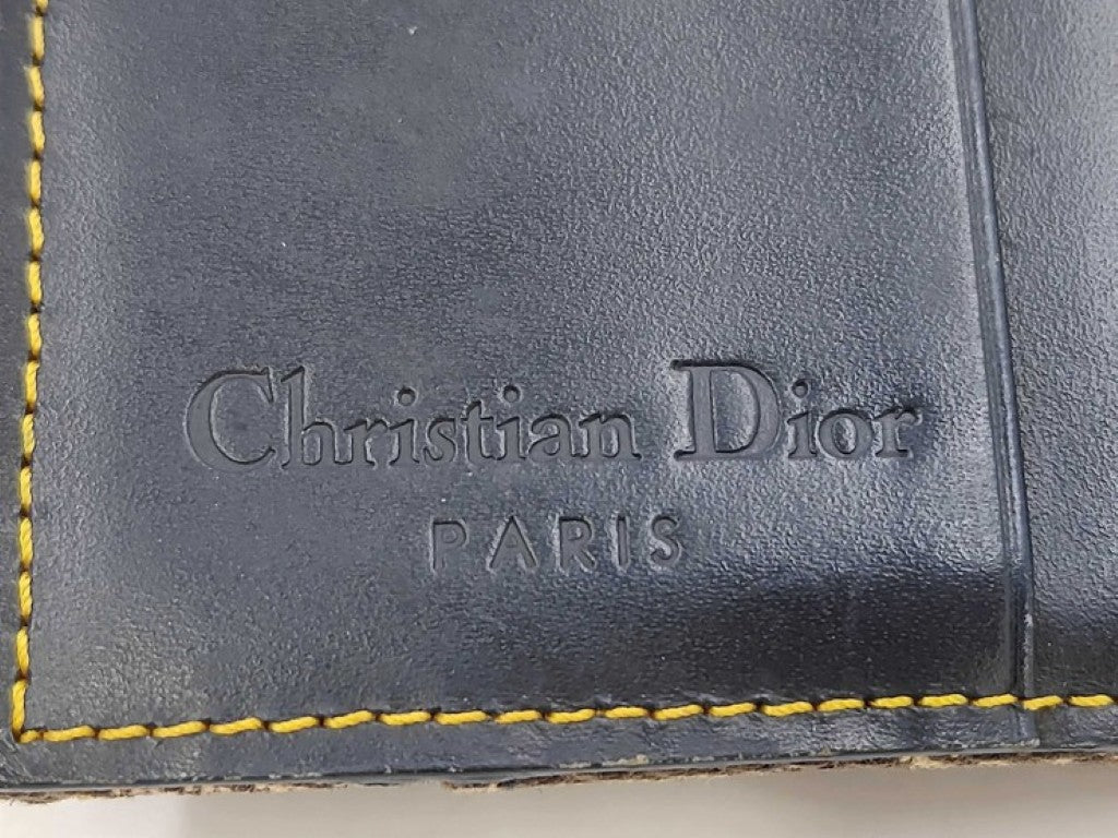 ChristianDior クリスチャンディオール 3つ折り財布 トロッター サドル ロータスウォレット ネイビー系 キャンバス レザー レディース ゴールド金具