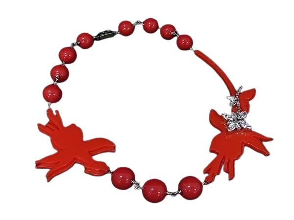 PRADA プラダ ネックレス 1JC058 レッド シルバー PLEX クリスタル レディース バード トリ フラワー ハナ 美品
