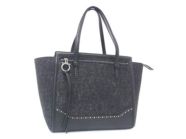 Salvatore Ferragamo フェラガモ ハンドバッグ エイミー ブラック フェルト レザー レディース スタッズ シルバー金具 超美品