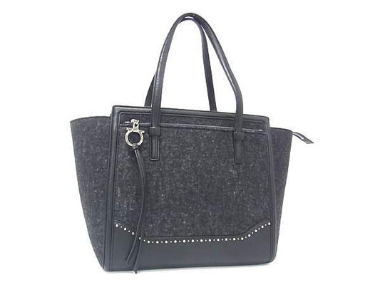 Salvatore Ferragamo フェラガモ ハンドバッグ エイミー ブラック フェルト レザー レディース スタッズ シルバー金具 超美品