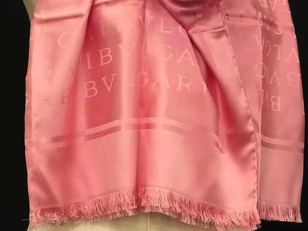 BVLGARI ブルガリ ストール ロゴマニア ピンク系 シルク100％ レディース フリンジ スカーフ マフラー 超美品