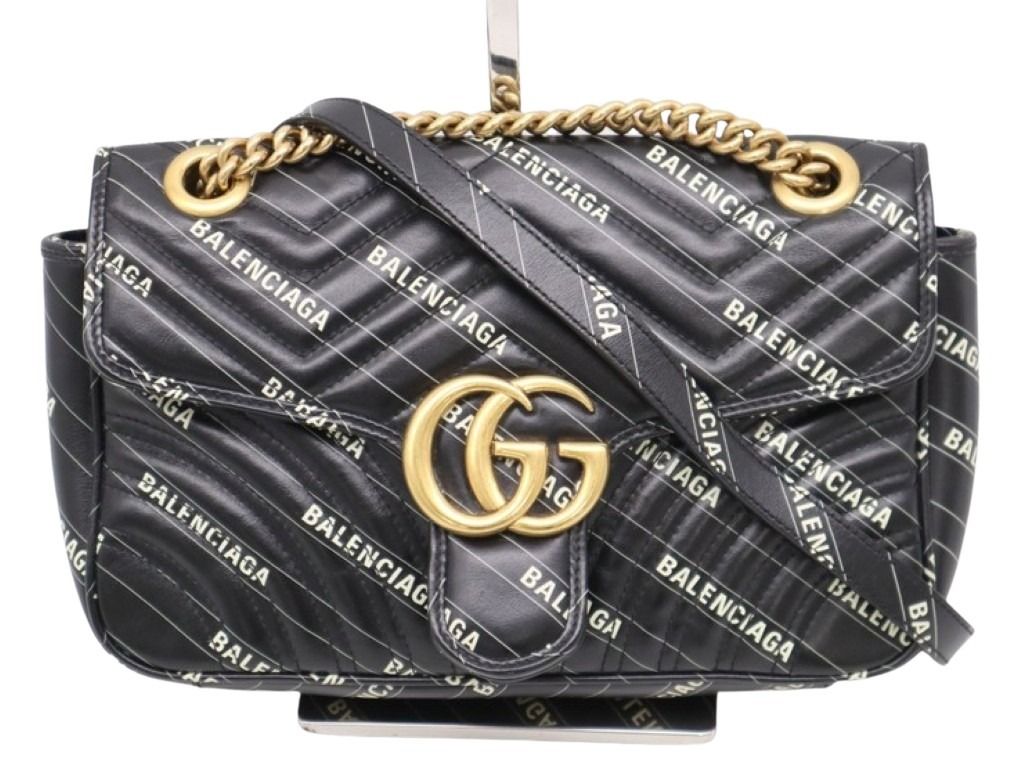 GUCCI グッチ ショルダーバッグ ハッカープロジェクト GGマーモント 443497 ブラック系 レザー レディース BALENCIAGA バレンシアガコラボ キルティング ゴールド金具 美品