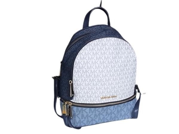 MICHAEL KORS マイケルコース リュックサック RHEA ZIP バックパック 30S0GEZB2V ブルー系 × ホワイト系 PVC レザー レディース ゴールド金具 超美品