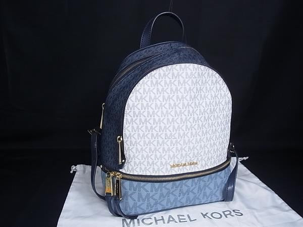 MICHAEL KORS マイケルコース リュックサック RHEA ZIP バックパック 30S0GEZB2V ブルー系 × ホワイト系 PVC レザー レディース ゴールド金具 超美品