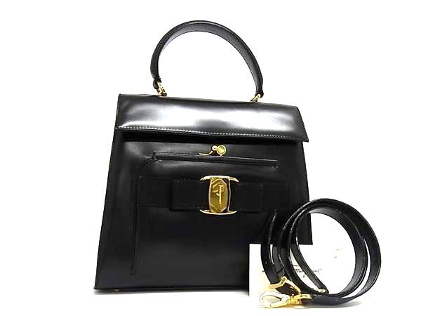 Salvatore Ferragamo フェラガモ ハンドバッグ ヴァラリボン AQ215216 ブラック レザー レディース 2WAY ゴールド金具 美品