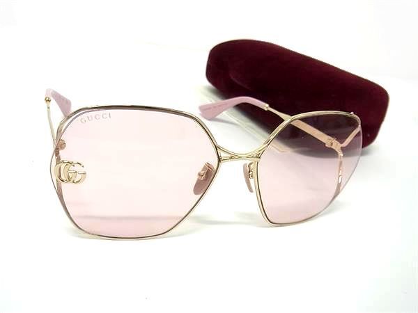 GUCCI グッチ サングラス インターロッキングG GG0818SA ゴールド ピンク メタル レディース 美品