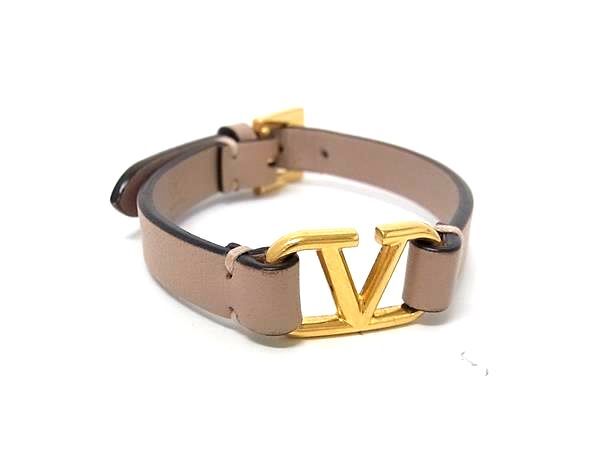 VALENTINO ヴァレンティノ ブレスレット Vロゴ ベージュ レザー レディース 美品