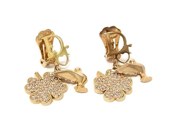 ChristianDior クリスチャンディオール イヤリング ゴールド メタル レディース ラインストーン クローバー 四つ葉 バードトリ 美品
