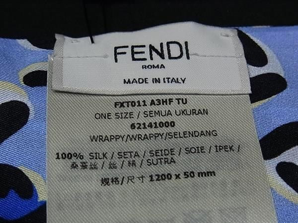 FENDI フェンディ リボンスカーフ ラッピー FXT011 ブルー系×ブラック系 シルク100% レディース 豹柄 レオパード 超美品
