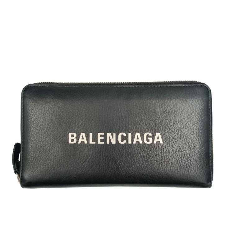 BALENCIAGA バレンシアガ 長財布 エブリデイ 490625 ブラック系 レザー ユニセックス ロゴ ラウンドファスナー 美品