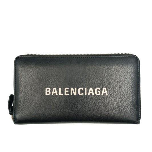 BALENCIAGA バレンシアガ 長財布 エブリデイ 490625 ブラック系 レザー ユニセックス ロゴ ラウンドファスナー 美品