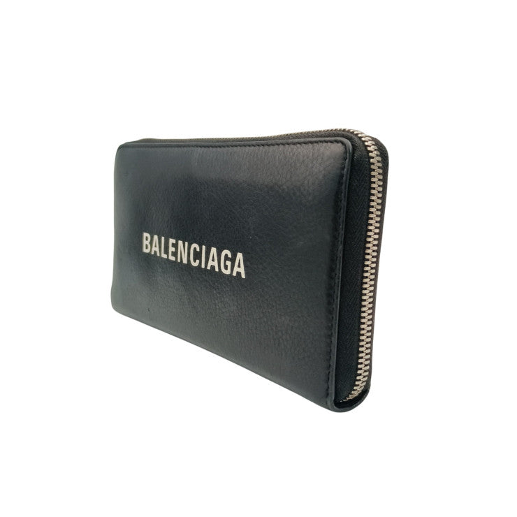 BALENCIAGA バレンシアガ 長財布 エブリデイ 490625 ブラック系 レザー ユニセックス ロゴ ラウンドファスナー 美品
