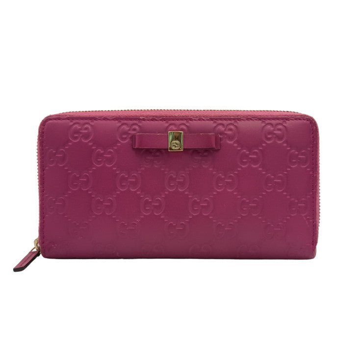 GUCCI グッチ 長財布 グッチシマ 388680 ピンク系 グッチシグネチャーレザー レディース リボン ラウンドファスナー ゴールド金具 美品