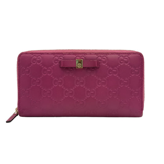 GUCCI グッチ 長財布 グッチシマ 388680 ピンク系 グッチシグネチャーレザー レディース リボン ラウンドファスナー ゴールド金具 美品