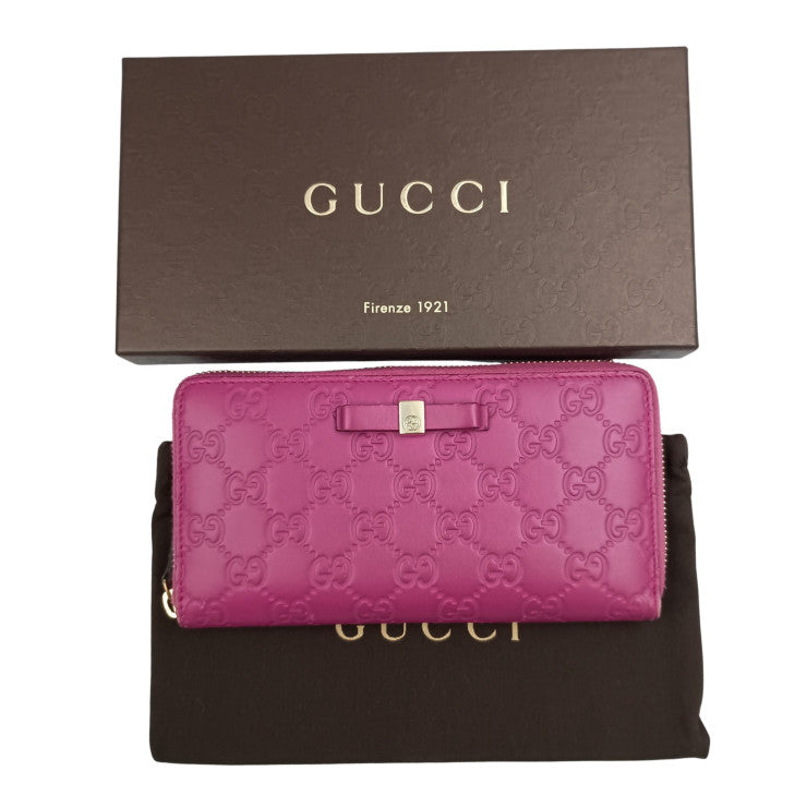 GUCCI グッチ 長財布 グッチシマ 388680 ピンク系 グッチシグネチャーレザー レディース リボン ラウンドファスナー ゴールド金具 美品