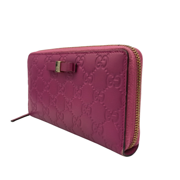 GUCCI グッチ 長財布 グッチシマ 388680 ピンク系 グッチシグネチャーレザー レディース リボン ラウンドファスナー ゴールド金具 美品